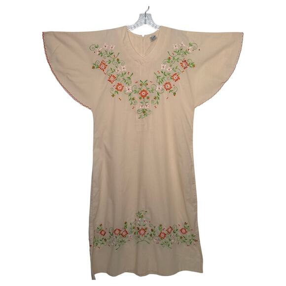 Vintage Leandra Embroidered Floral Caftan peach Dress flutter sleeves medium - Picture 1 of 16
